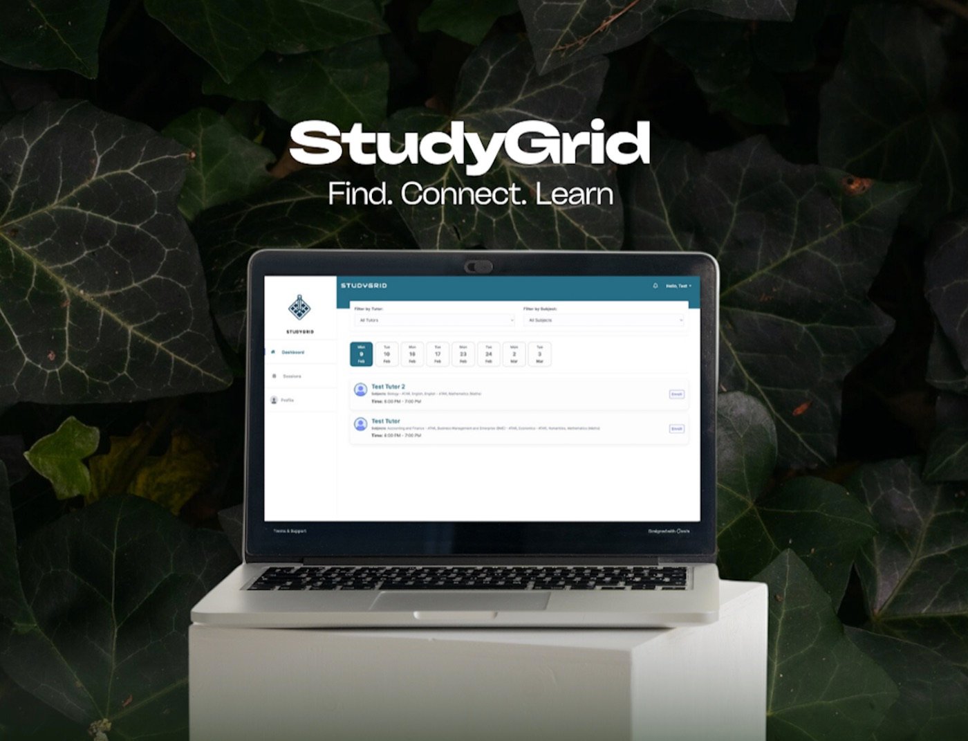 StudyGrid dashboard preview showing session booking